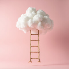 Fluffy cloud suspended above rope ladder against soft pink background, creating whimsical and dreamy atmosphere
