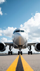 Sleek airplane on runway, showcasing its modern design against bright blue sky with fluffy clouds. scene evokes sense of adventure and travel