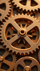 Intricate gears showcase mechanical design, highlighting craftsmanship and precision in warm metallic tone