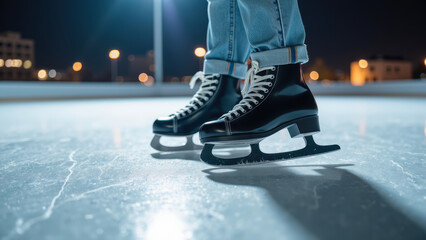 Obraz premium Ice skating shoes glide smoothly on rink, showcasing elegance and skill under bright lights. atmosphere is vibrant and energetic
