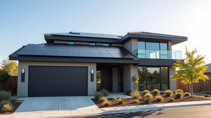 Modern house with solar panels, large windows, and sleek design, surrounded by landscaping and clear sky