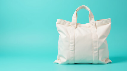 Stylish white tote bag on vibrant turquoise background, perfect for everyday use and shopping