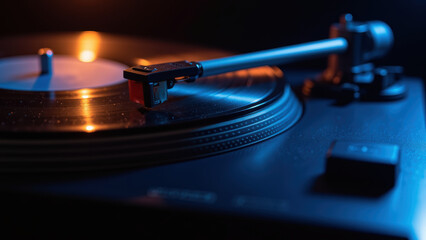 Close up view of vinyl record player with stylus on spinning record, illuminated by soft blue and orange lighting, creating nostalgic atmosphere