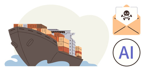 Cargo ship carrying containers on ocean waves with envelope showing hacking alert and AI symbol. Ideal for shipping cybersecurity, global trade risks, AI threats, hacking, logistics security, data