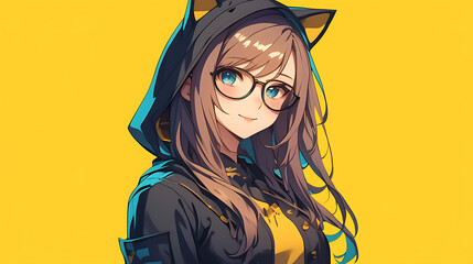 Cartoon girl in hooded cloak cat ears costume, witch, anime style
