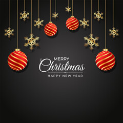 Christmas background with red ball and golden shonoflackes