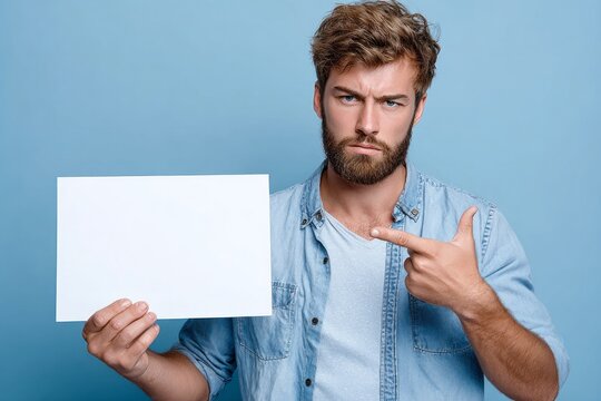 A man in a denim shirt holds a blank sign, pointing at it with an assertive expression against a pale blue backdrop.