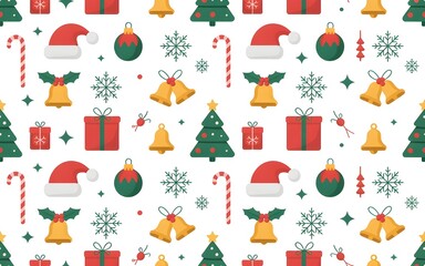 Seamless pattern, Christmas icons , Santa hats, candy canes, snowflakes, Christmas trees, gifts, holly leaves, golden bells, red and green color palette, festive style, vector, white background