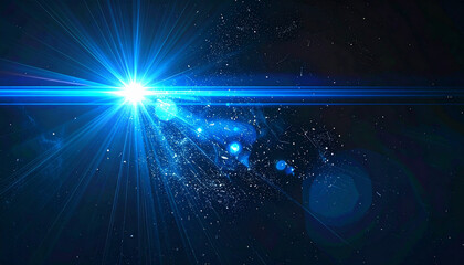 Abstract image of a glowing blue light beam with motion blur and scattered particles on a dark background, creating a dynamic futuristic and energetic visual effect.