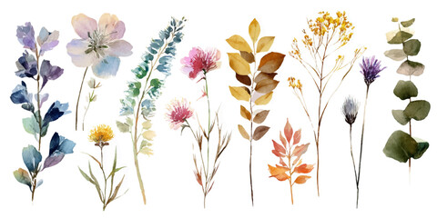 A collection of delicate watercolor illustrations featuring various wildflowers, leaves, and botanical elements, presented isolated on a transparent background for easy design integration. © darkheaven