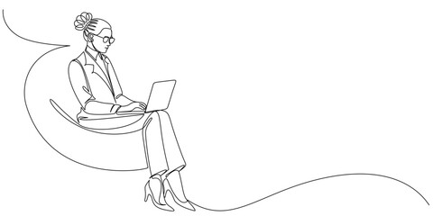 business woman working on laptop line art style vector illustration