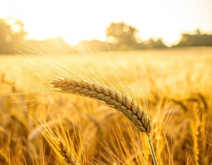 Golden Wheat Field at Sunset with Sun Flare and Blurry Green Tree Background