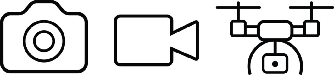 Fototapeta premium Flat vector icons representing modern photography tools such as a camera, video camera, and drone, for creative technology concepts.