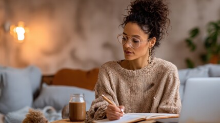 Medium shot of a remote worker setting productivity goals while working from a cozy home office highlighting focused concentration and time management.