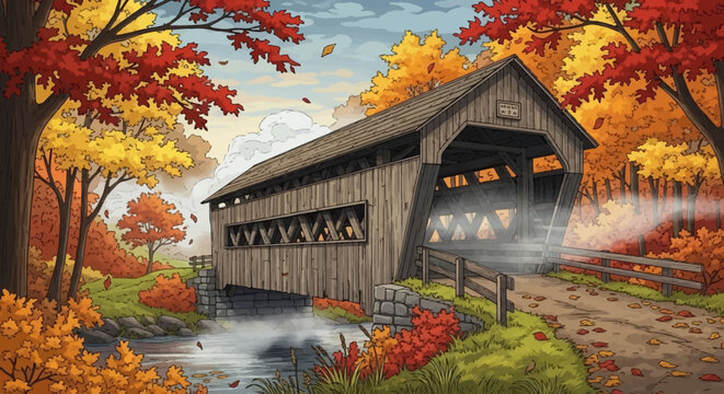 Charming Old Wooden Covered Bridge in a Rural Landscape.