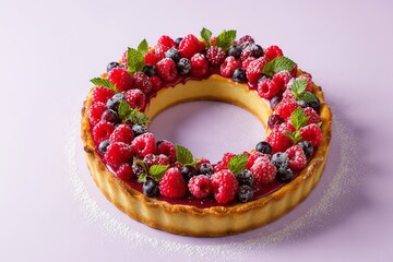 Festive fruit tart styled as Christmas wreath with berries