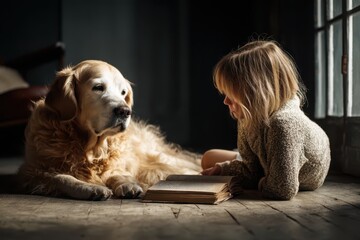 Young child and golden retriever lying on wooden floor, closely observing an open book. Light streams through a window, softly illuminating the scene, creating a warm, serene atmosphere