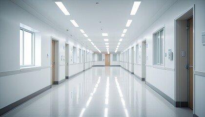 Long, bright hospital corridor with doors, windows, and reflective flooring