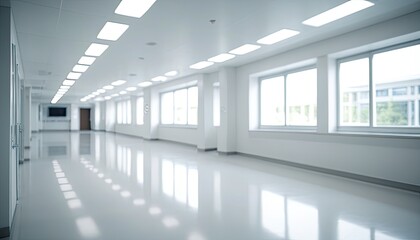 Bright, empty white hallway with windows, reflective floor, and overhead lights