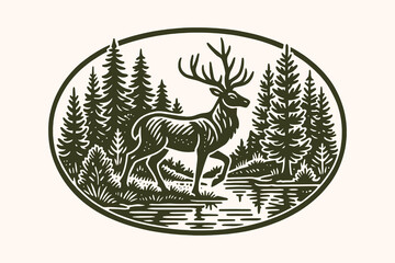 Deer in forest by lake vintage engraving style vector illustration