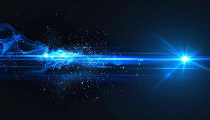 Abstract image of a glowing blue light beam with motion blur and scattered particles on a dark background, creating a dynamic futuristic and energetic visual effect.