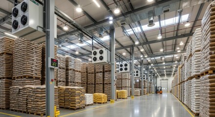 Interior view of a spacious grain warehouse with stacked bags and advanced climate control systems for preservation.