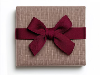 Brown gift box with burgundy ribbon bow on white background