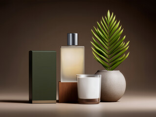 Organic Cometics Mockup, Skincare bottle with candle and green box beside tropical leaf