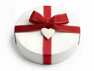 Round white gift box with red ribbon and heart decoration