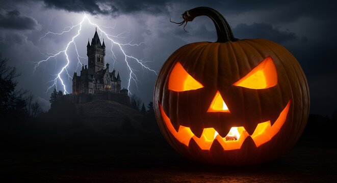 Spooky Jack-o'-lantern glowing menacingly in front of a haunted castle under a stormy sky with lightning - Powered by Adobe