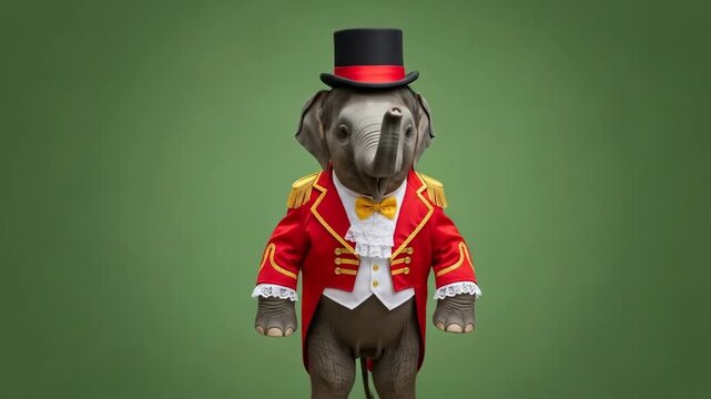 Elephant Dressed in Red Ringmaster Outfit with Black Top Hat on Green Background