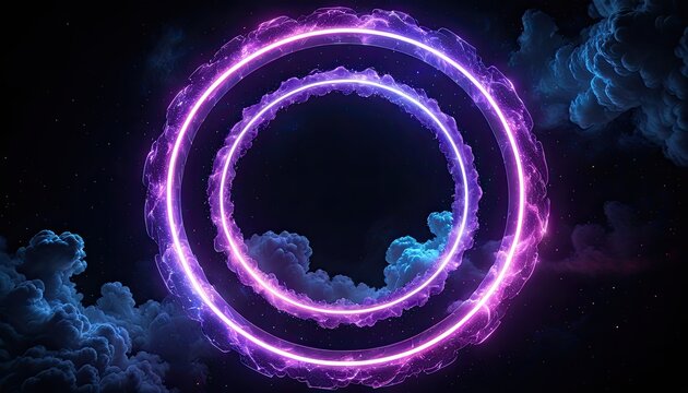 Glowing neon rings frame clouds, forming an abstract cosmic portal against starry sky