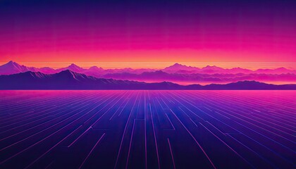 Retro landscape neon grid, mountains, vivid sunset, vaporwave colors
