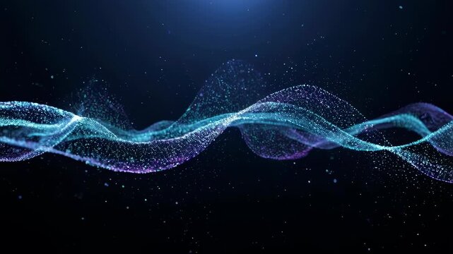 Abstract digital illustration featuring flowing, dotted lines in shades of blue and purple on black