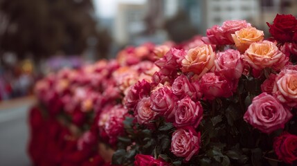Obraz premium A vibrant bouquet of pink coral and red roses with water droplets set against a blurred outdoor background