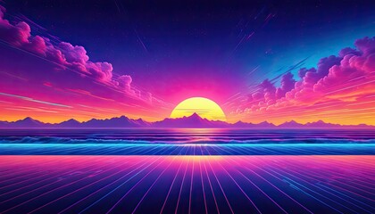 Vivid synthwave landscape with a neon ocean, vibrant sky, and setting sun