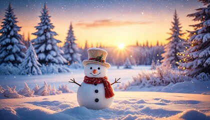 Obraz premium Cheerful snowman in winter scene at sunset, snowy trees in background