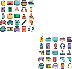 Colorful icon set of computer peripherals and electronic gadgets.