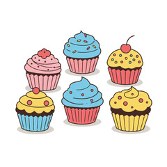 An appealing 2D flat vector illustration features a delightful assortment of vintage-style cupcakes, each meticulously decorated and presented with simplicity on a pristine white background.