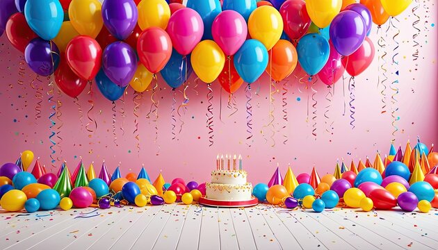 Colorful birthday scene with cake, balloons, confetti, and party hats