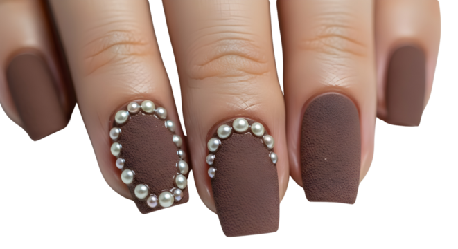 Close-up of luxury matte brown false nails with silver pearl nail art isolated on white background