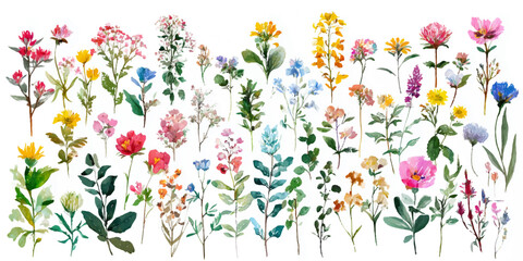 A vibrant collection of delicate watercolor wildflowers and botanical elements, showcasing a variety of colors and textures, isolated on a transparent background.