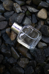 A minimalist glass perfume bottle with a silver cap stands on a textured outdoor stone surface, suggesting natural elegance or an organic scent