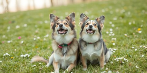 Two happy mixed breed dogs with collars sit together in a grassy field filled with small white flowers, looking up with joyful expressions and perky ears.