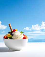 Creamy vanilla ice cream topped with fresh fruit, a waffle stick, and a scenic backdrop