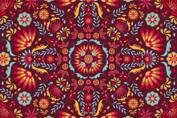 Vibrant vector folk pattern of Mexican style background. Traditional decorative pattern for textile, wallpaper, packaging, fabric, surface design, festival, Indian, Turkish, Pakistan motifs, print.