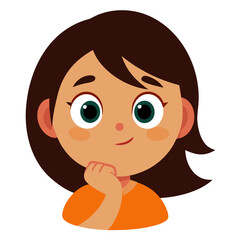 Cartoon girl with dark hair and green eyes thoughtfully rests her chin on her hand illustration