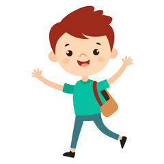 Happy boy character with a school bag waving cheerfully on a white background illustration