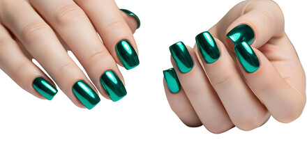 Woman's hands showing trendy emerald green chrome mirror manicure isolated on white background.