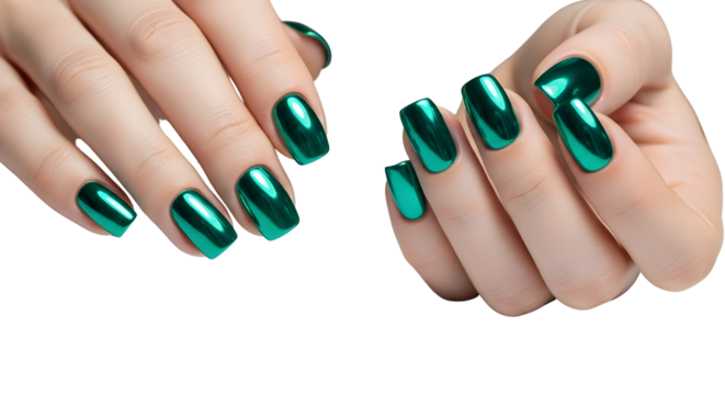 Woman's hands showing trendy emerald green chrome mirror manicure isolated on white background.